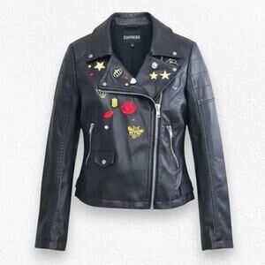 Express Black Faux Leather Moto Jacket Y2K Rocker Embroider Patches Size Medium